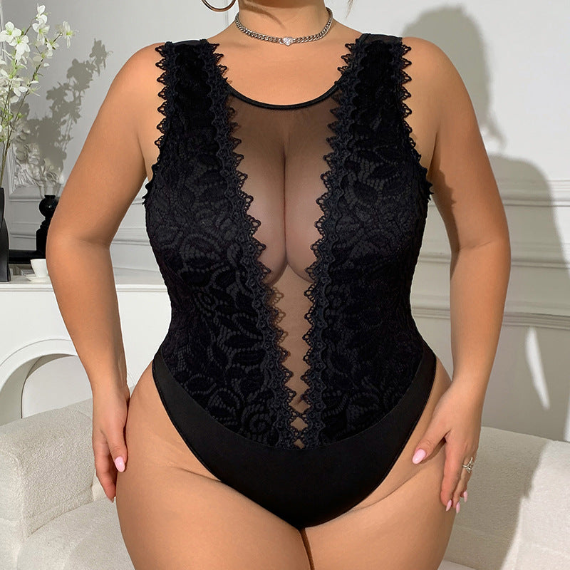 Black Sexy Rhombus Lace Slim Fit Patchwork Lace Sexy Siamese Top Plus Size Girl Slimming