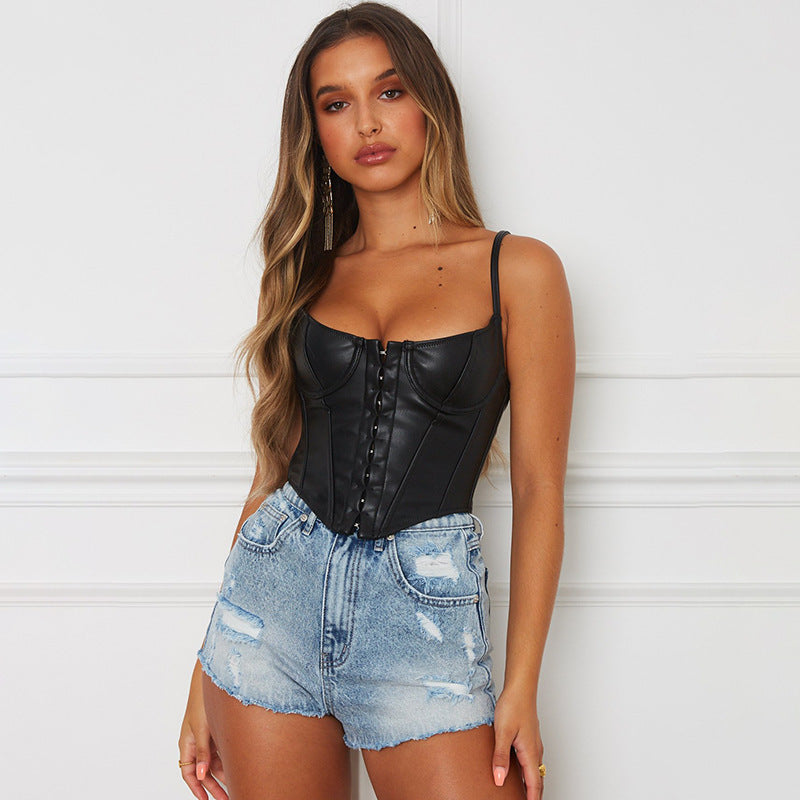 Simple Breasted Leather Women Sexy Collar