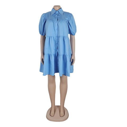 Secaucus Puff Sleeve Single Breasted Lapel Collar Babydoll Street White Big Swing Dress