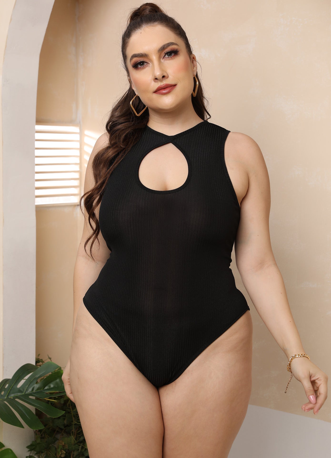 Plus Size Women Stretch Tight Bottoming Shirt Jumpsuit Sexy Rib Jumpsuit