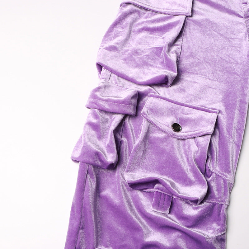 Stitching Multi Pocket High Waist Tooling Pants Autumn Unique Design Casual Trousers for Women