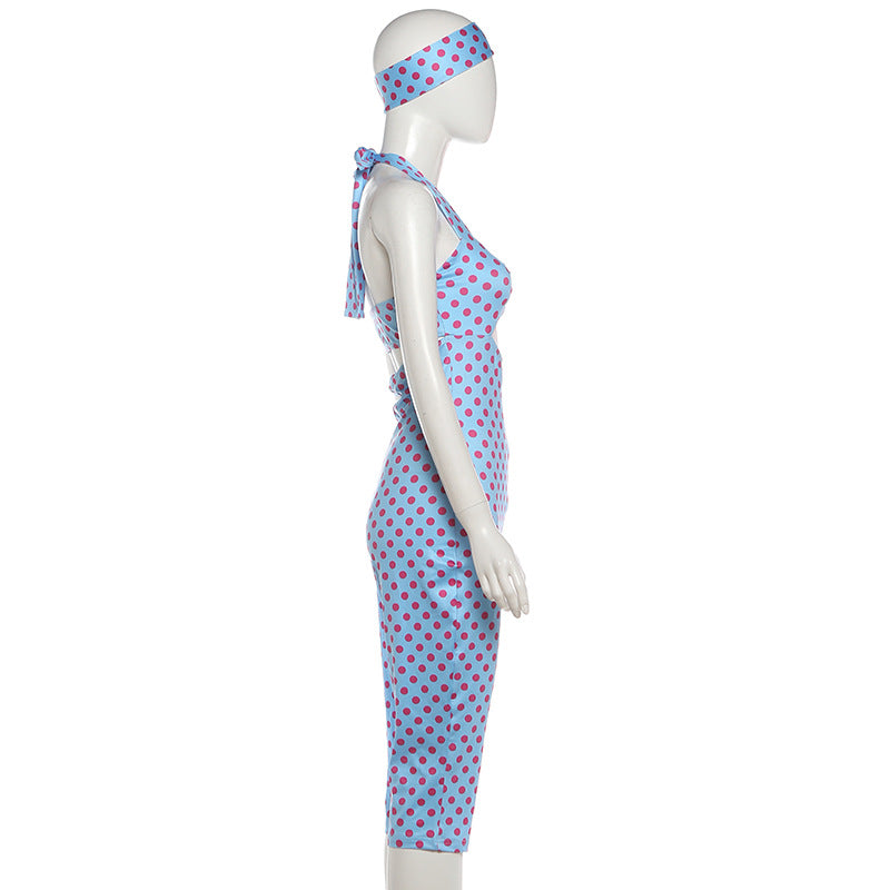 Summer Women Clothing Halter Backless Sexy Cutout Polka Dot Print Five Point Jumpsuit