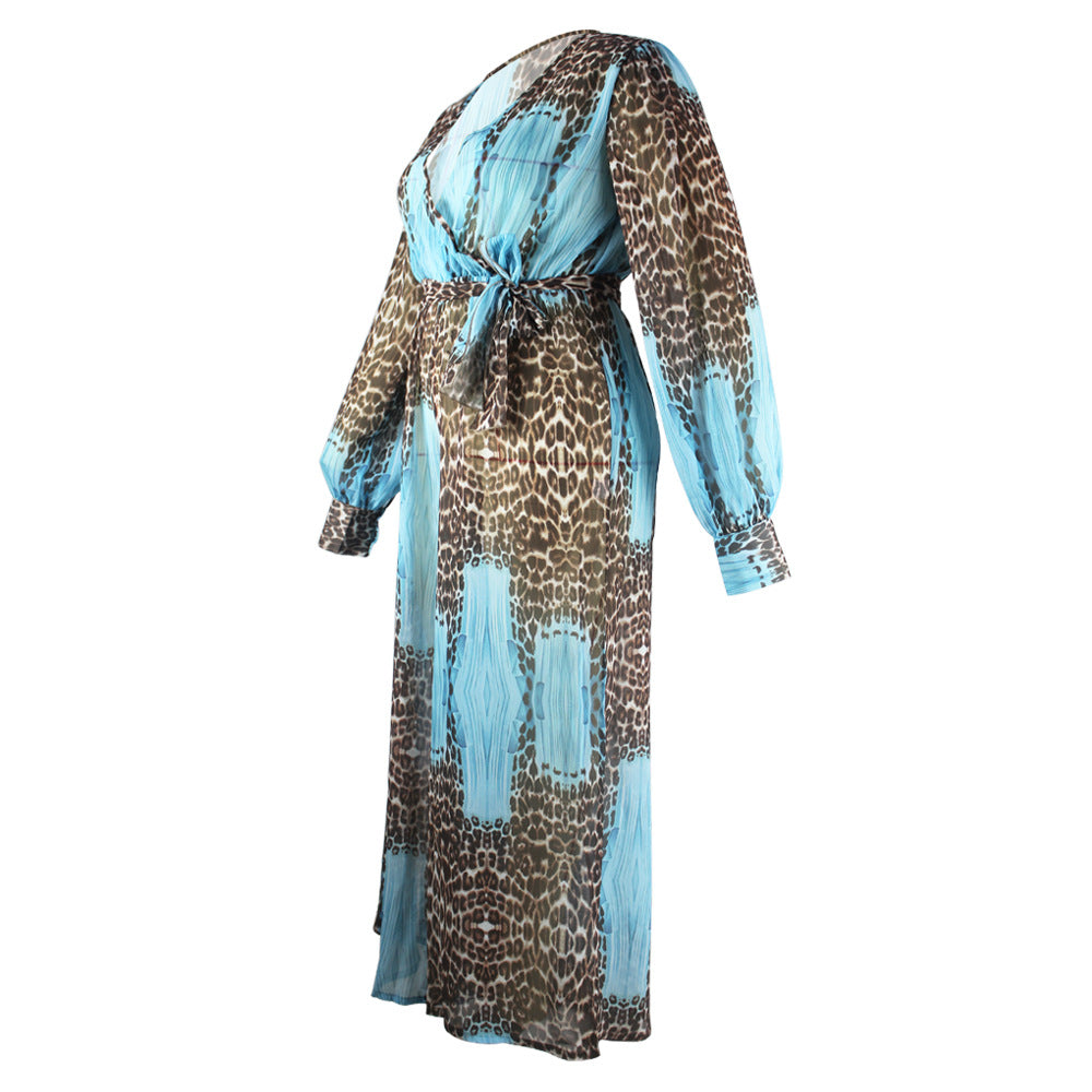 Plus Size Plus Size V neck Chiffon Jumpsuit Leopard Print Fashion Sexy Long with Belt