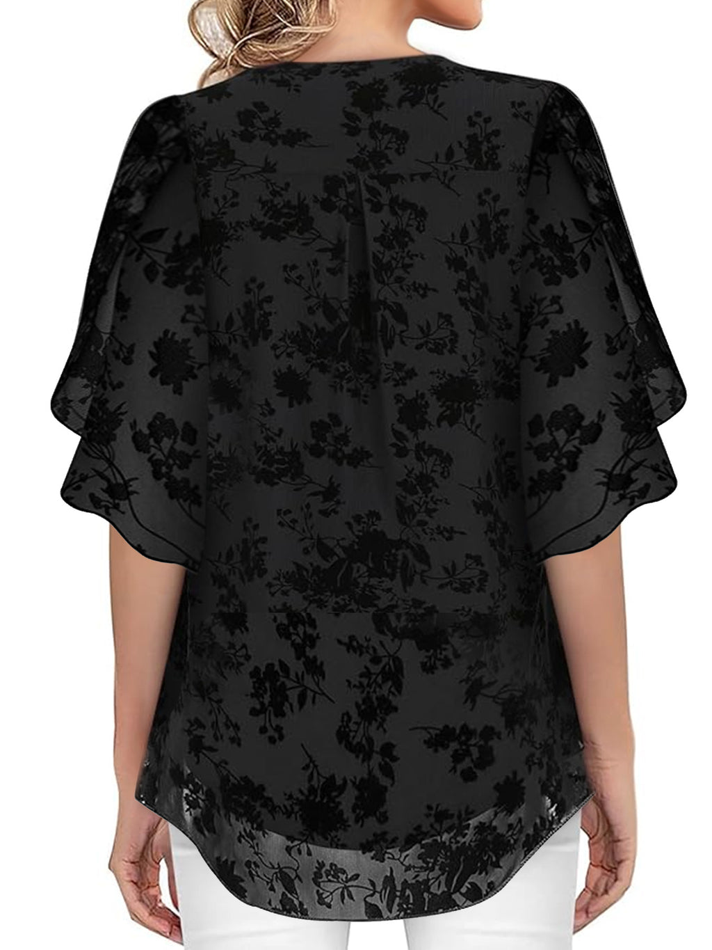 Double Layer Flocking Elastic Mesh Women Summer 3/4 Flare Sleeve Waist V neck Top