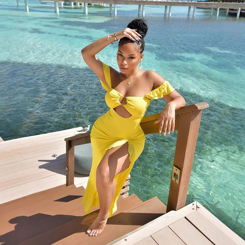 Waterfront Sexy off Shoulder Tube Top Hollow Out Cutout Slim Fit Slit Dress