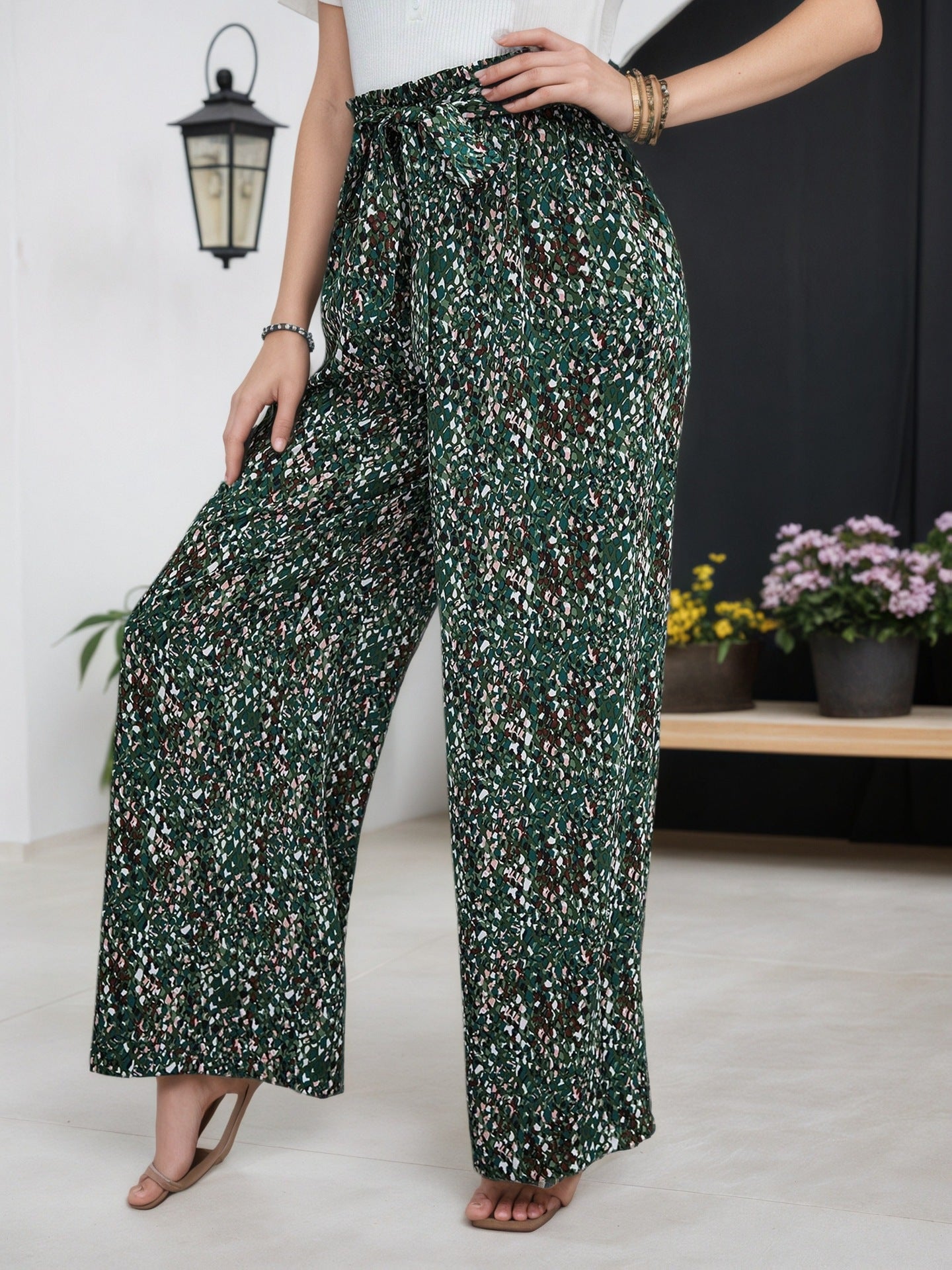French Vintage Floral Bow Tied High Waist Drooping Wide Leg Pants Women Summer Loose Slimming Casual Pants