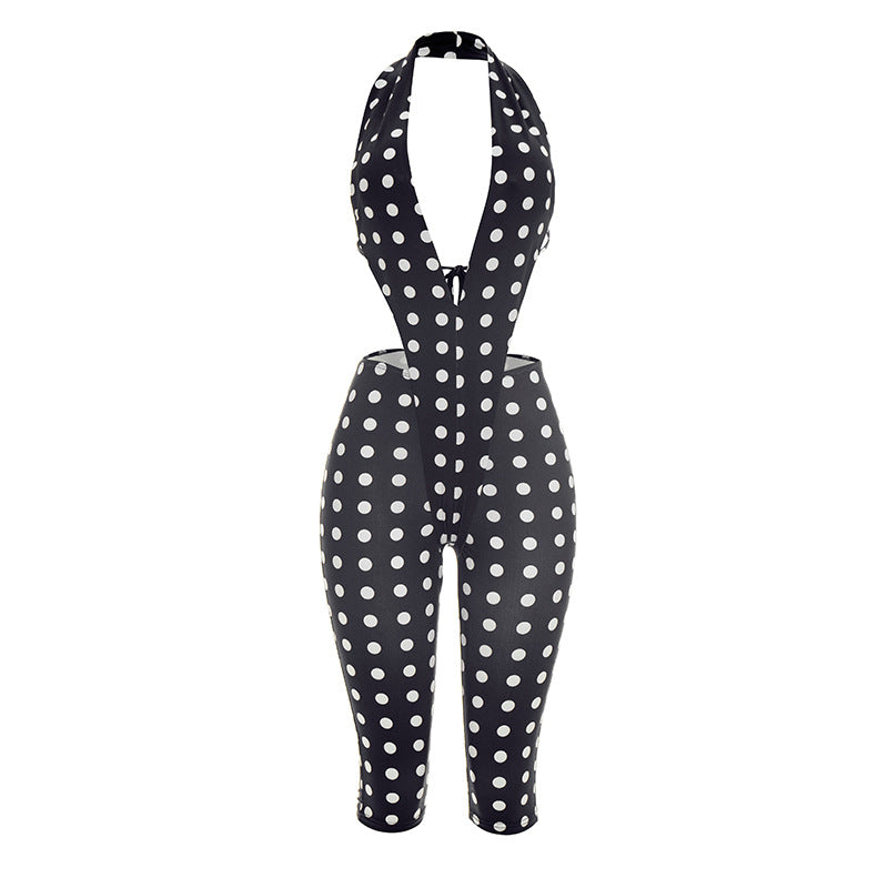 Women Clothing Summer Polka Dot Print Sleeveless Halter Strap Backless Cropped Long Conjoined Trousers