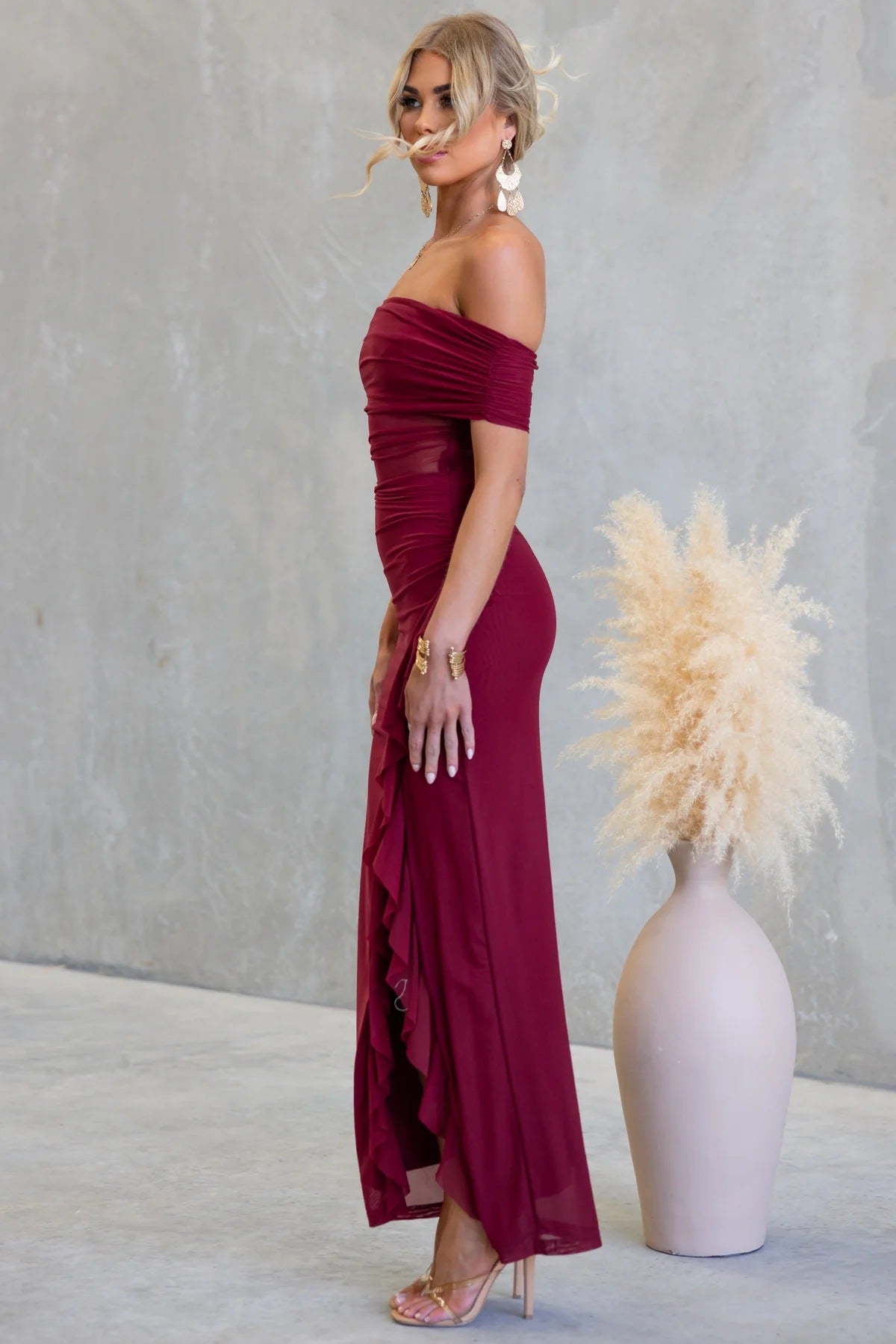 Dubai Split Ruffled Solid Color Hollow Out Cutout Mesh Sheath Dress
