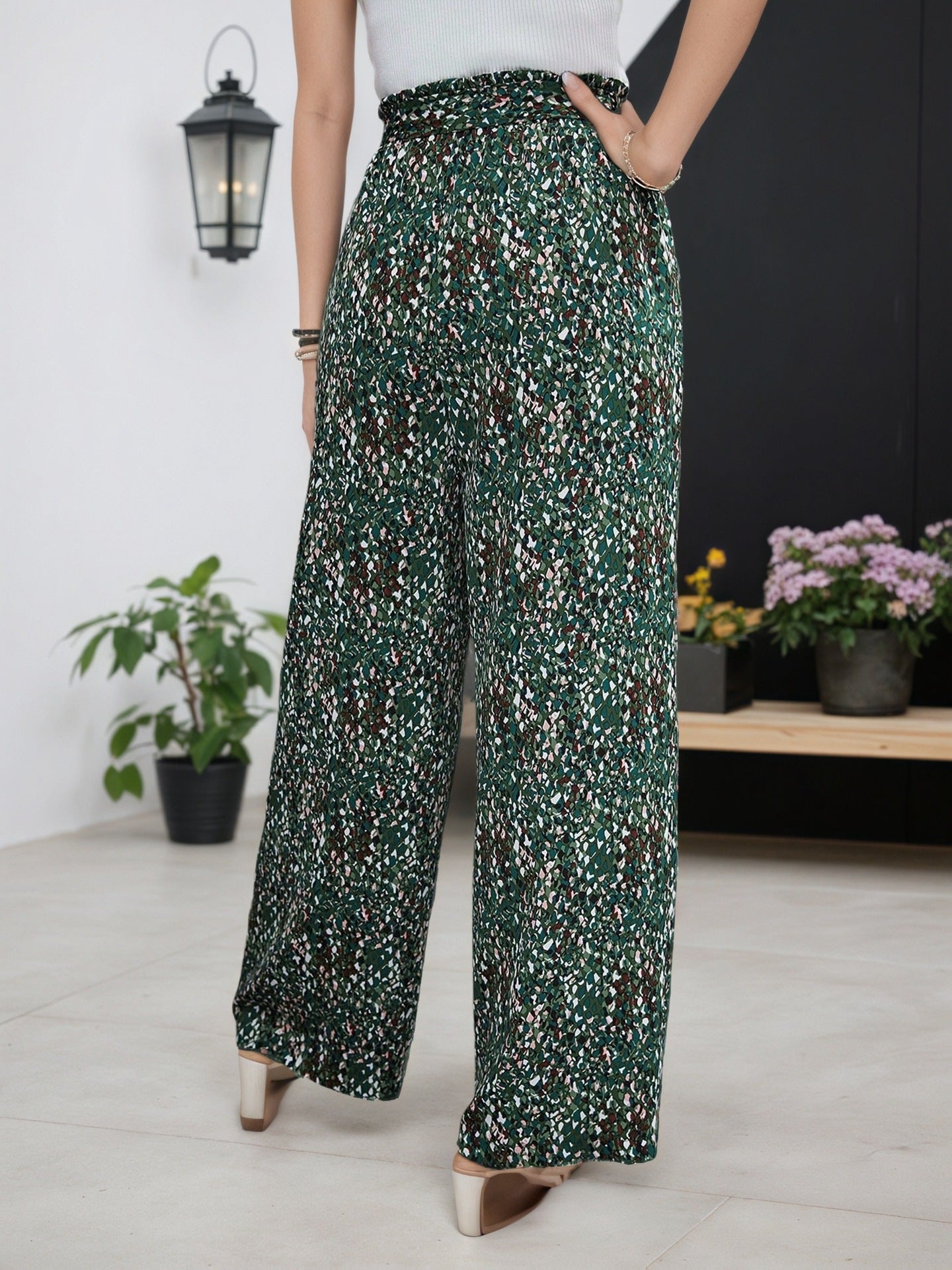 French Vintage Floral Bow Tied High Waist Drooping Wide Leg Pants Women Summer Loose Slimming Casual Pants