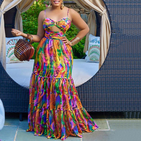 Aruba Sexy Strap Printed Sleeveless Backless Maxi Dress