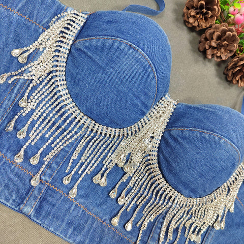 Slim Corset Stitching Rhinestone Tassel Beaded
