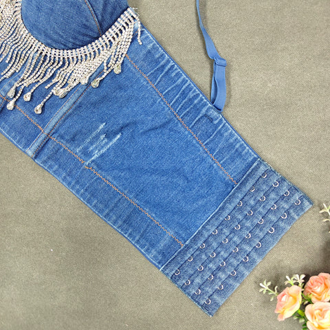 Slim Corset Stitching Rhinestone Tassel Beaded