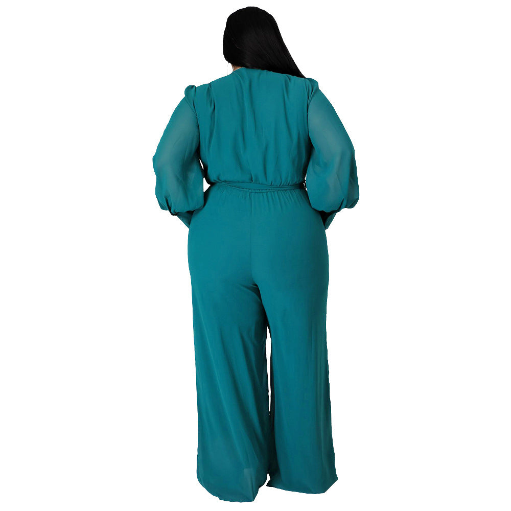 Plus Size Women Loose Straight Solid Color Belt Jumpsuit