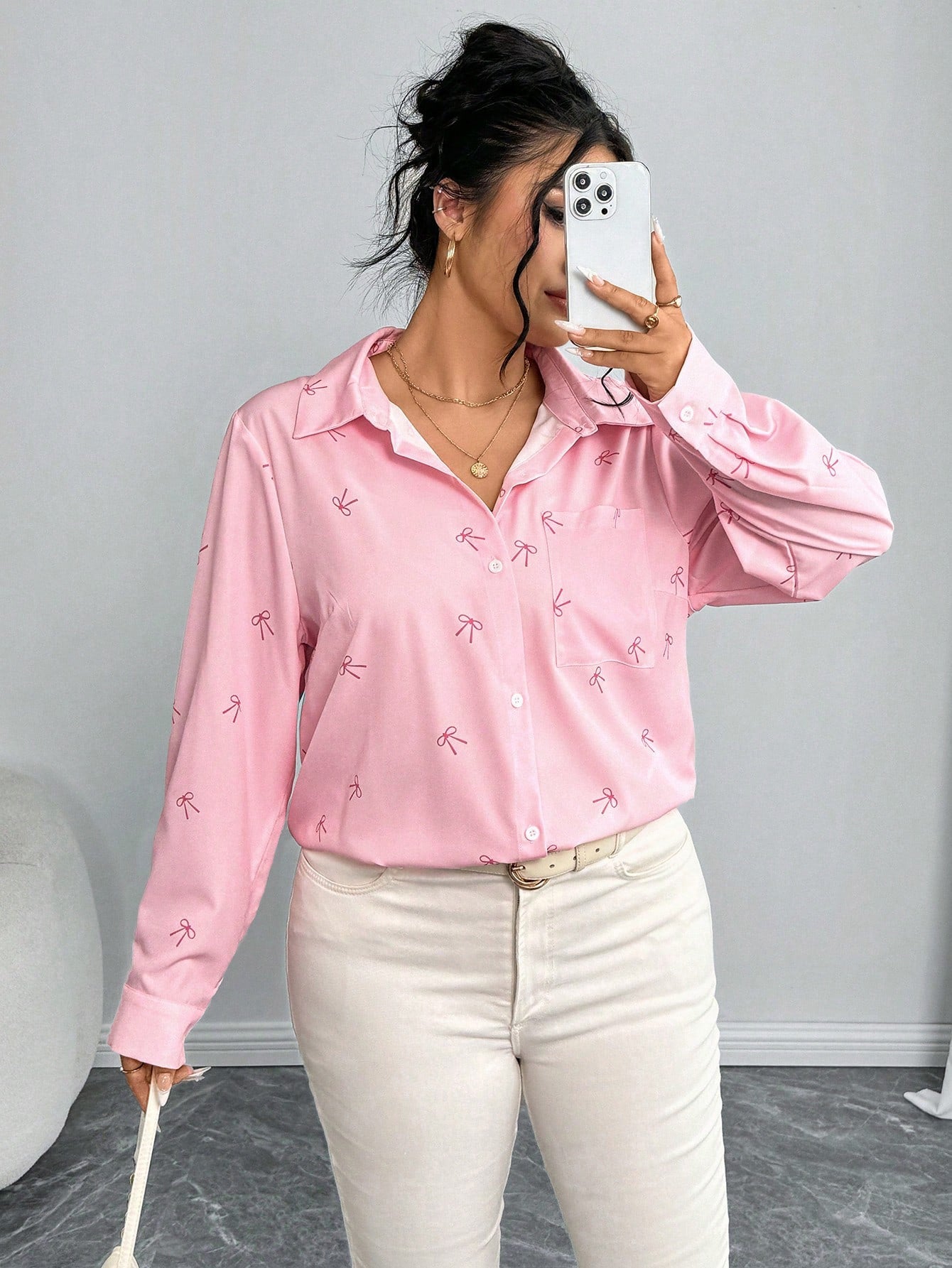Plus Size Arrival Women Shacket Bow Print Long Sleeve Casual Shirt Autumn Loose