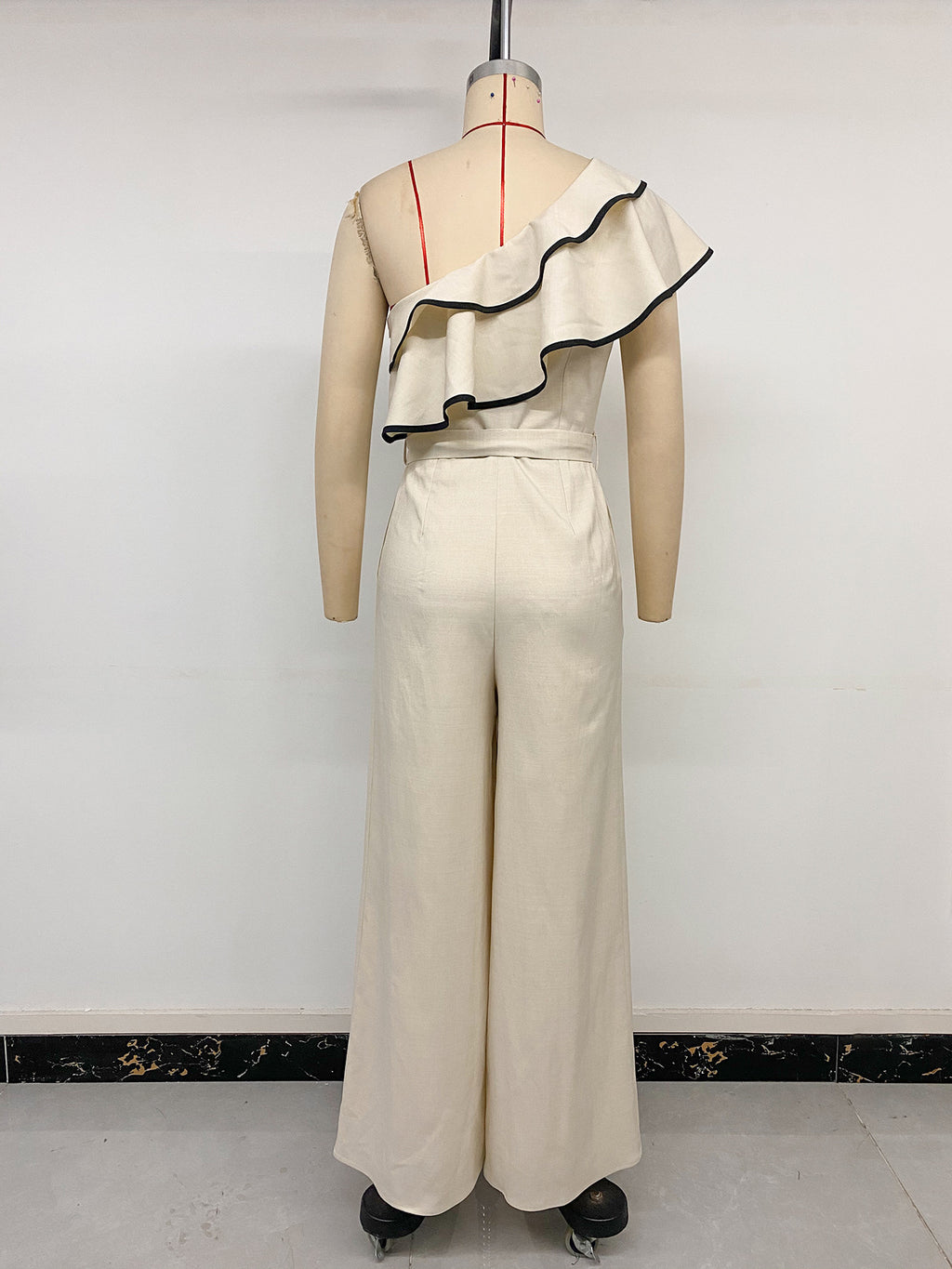 Minimalist Vacation Apricot One Shoulder Ruffled Fitted Waist Jumpsuit