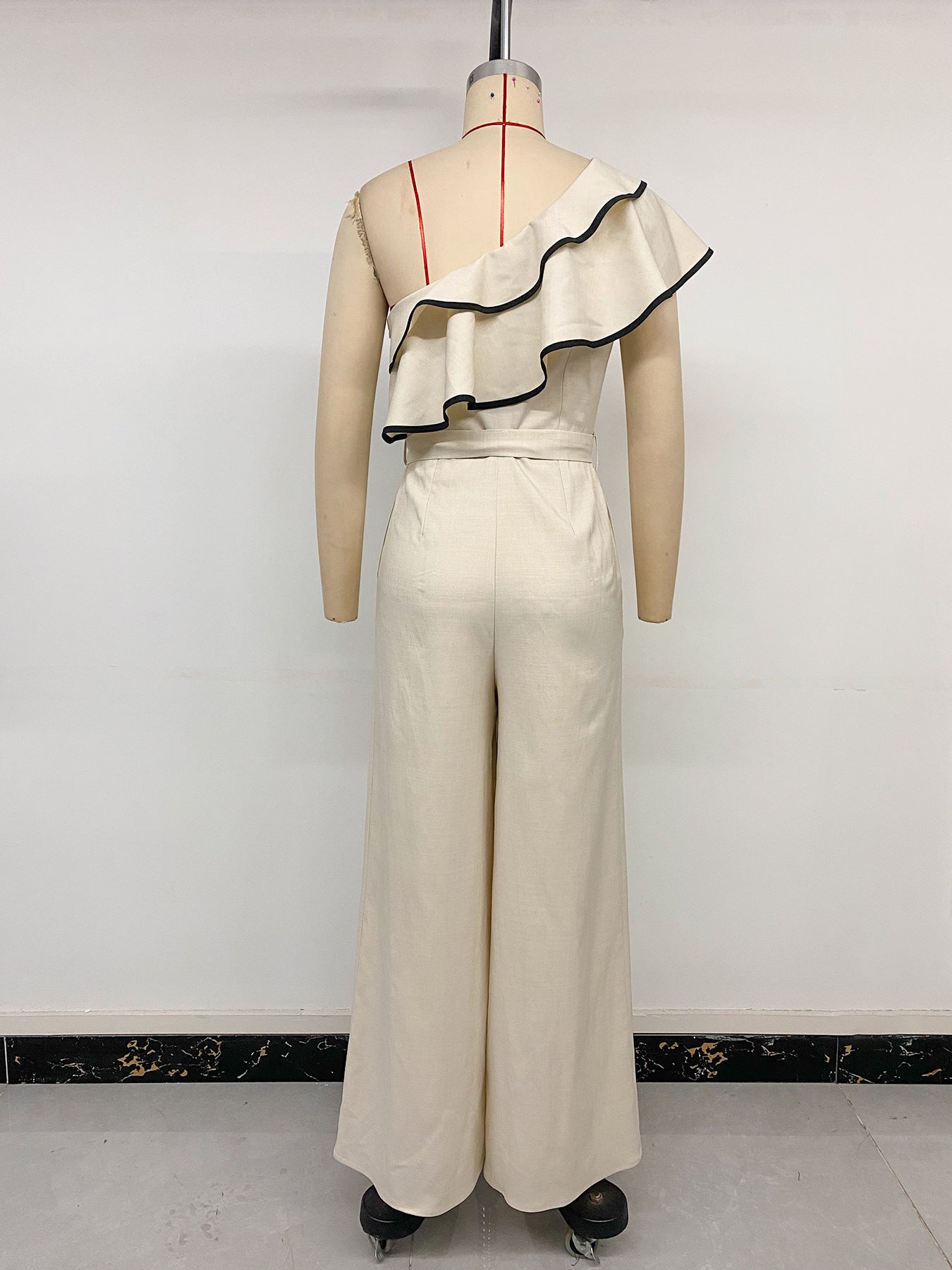 Minimalist Vacation Apricot One Shoulder Ruffled Fitted Waist Jumpsuit