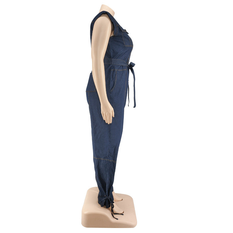 Plus Size Women Clothing Autumn New Denim Sleeve Wash Jumpsuit Trousers Sexy New