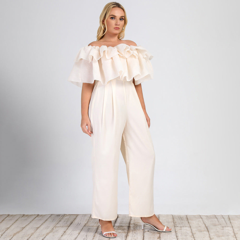 Plus Size Women Clothing Summer New Lotus Edge off-Shoulder Solid Straight-Leg Office Casual Jumpsuit