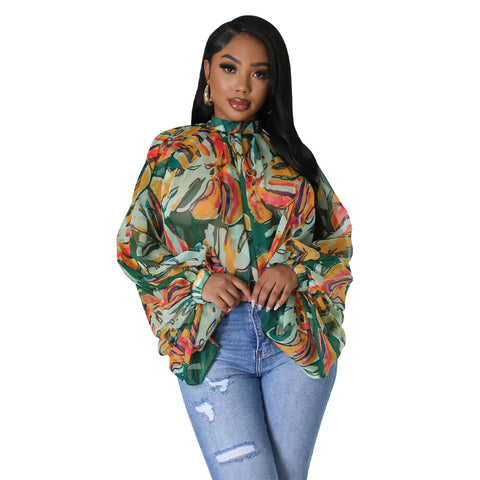 Women  Printing Batwing Sleeve