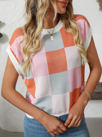 Summer Sleeve Block round Neck Plaid