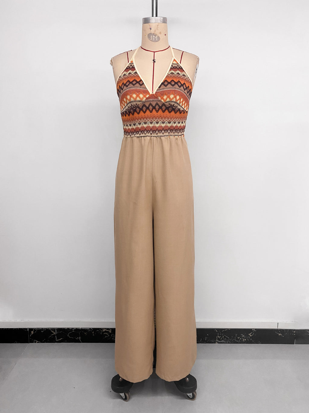 Retro Vacation Ethnic Halter Colored Embroidery Stitching Jumpsuit
