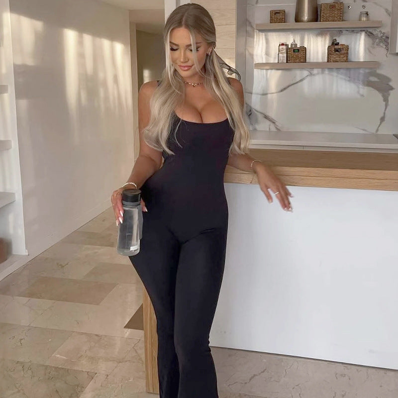 Women Clothing Summer Solid Color Sling Backless Hip Raise Skinny Sports Jumpsuit