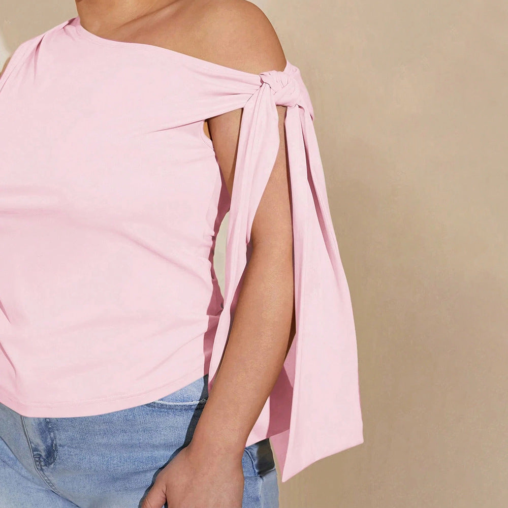 Plus Size Pink Sweet Shoulder Lace up Sexy Top