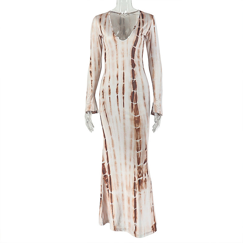 Tie Dye Printed V Neck Long Sleeve Bodycon Maxi Dress
