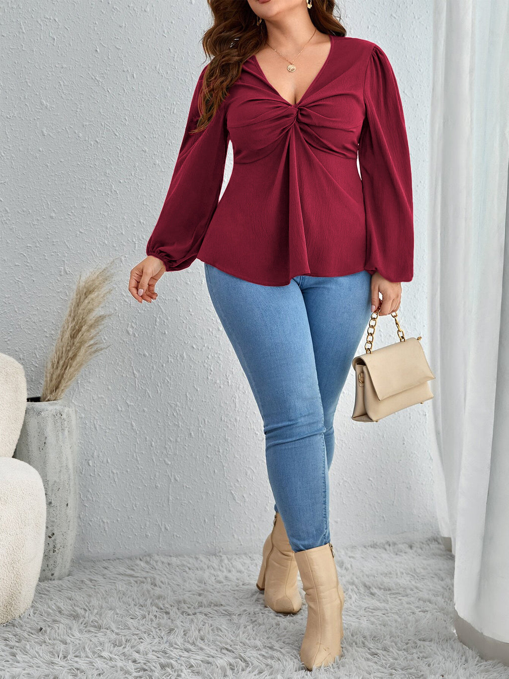 Plus Size Women Clothing Adult Lady like Woman Lady V neck T shirt Autumn Winter Younger Wine Red Top