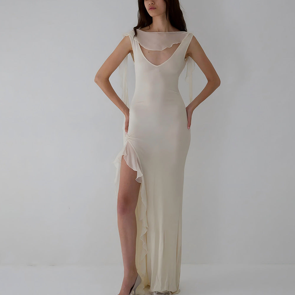 Hopewell Elegant Ribbon Sexy Backless High Slit Ruffled Slim Dress