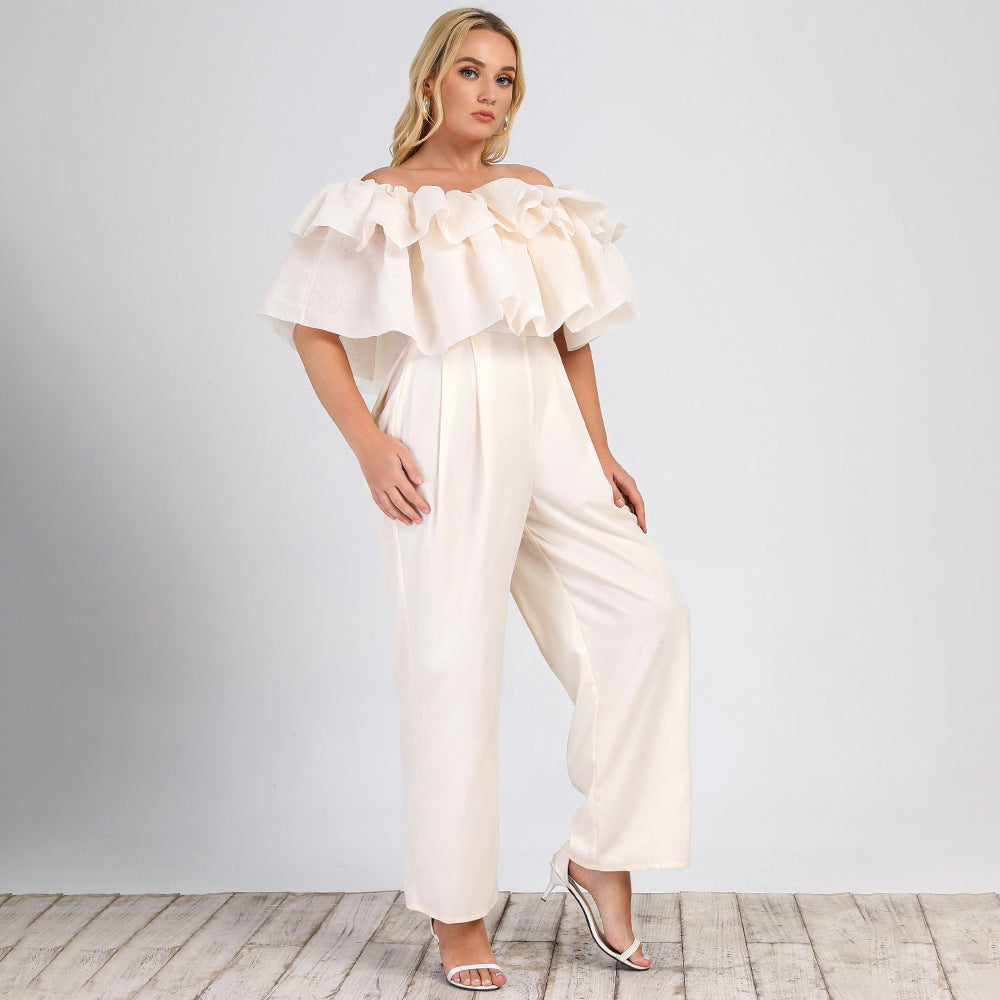 Plus Size Women Clothing Summer New Lotus Edge off-Shoulder Solid Straight-Leg Office Casual Jumpsuit