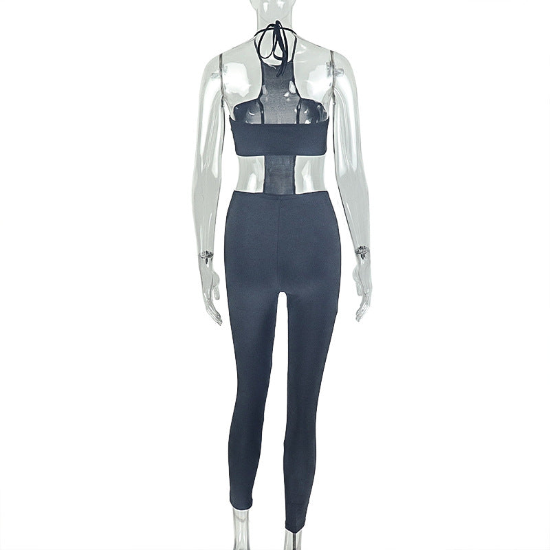 Solid Color Women Design Tight Street Jumpsuit Sexy Backless Corset Halter Jumpsuit