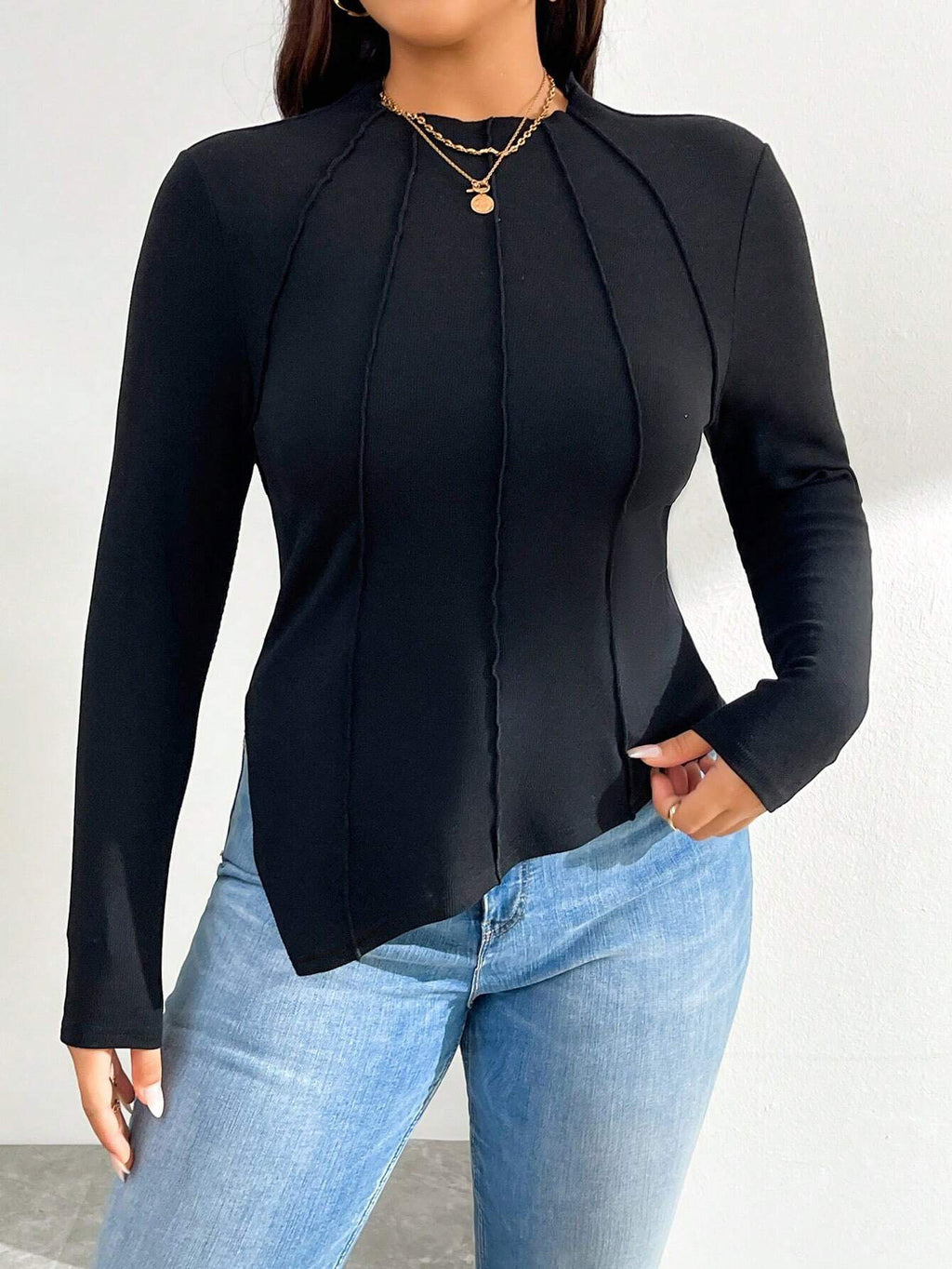 Plus Size Women Autumn Winter Simple Trendy Design T shirt Slim Long Sleeve Top