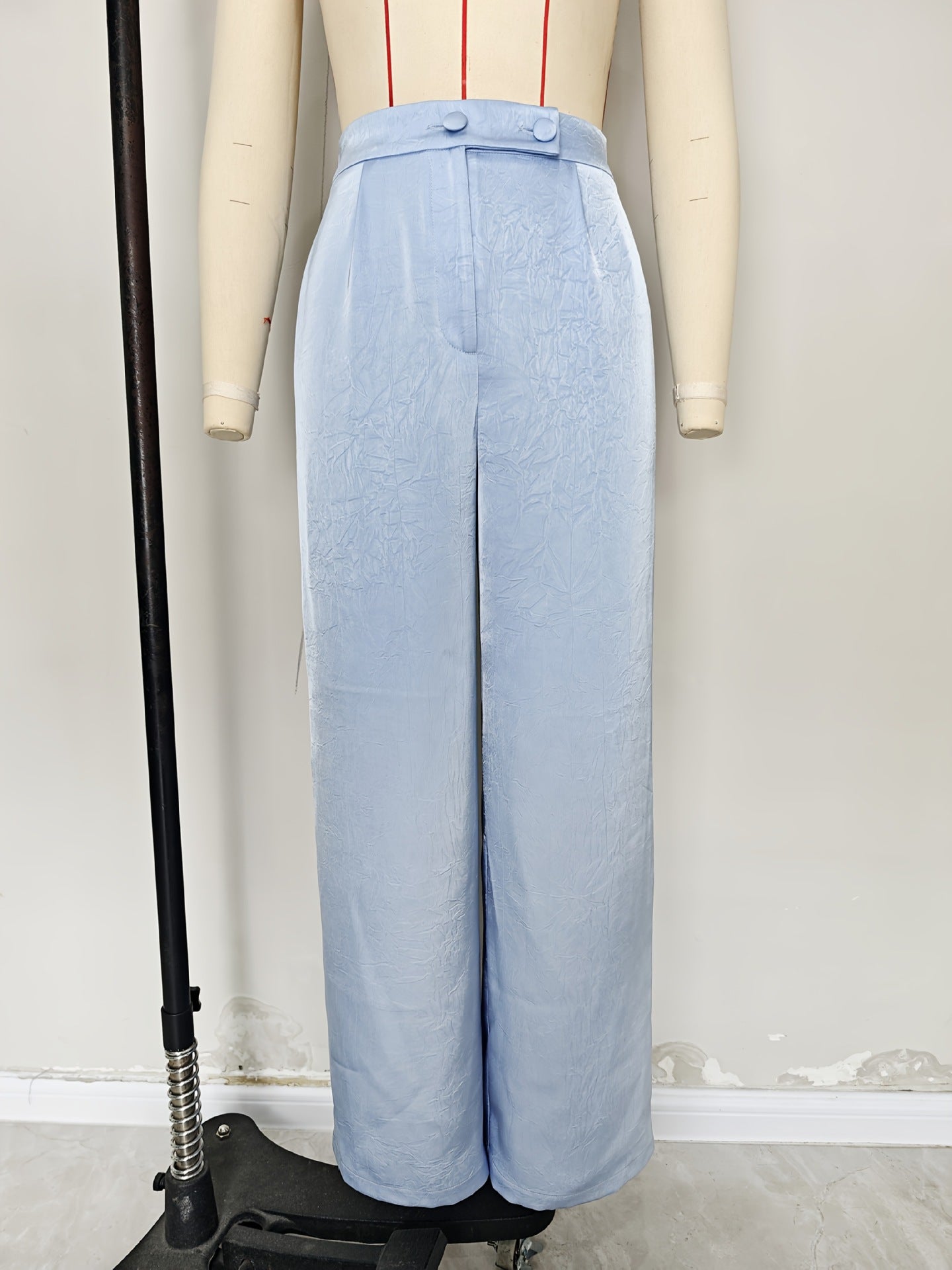 Fashionable Gorgeous Satin French Button Women Pants Summer Thin Loose High Waist Wide Leg Pants Women Trousers