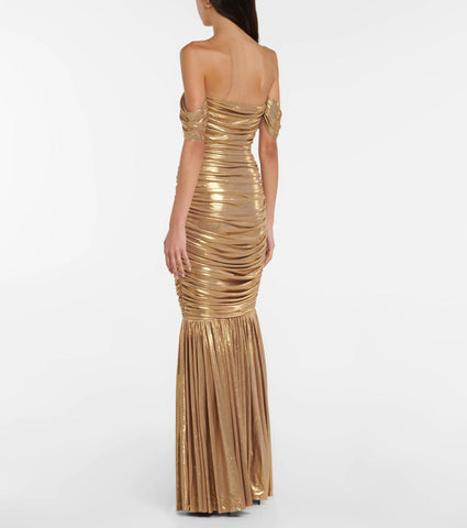 Minesotta Metallic Coated Fabric Sexy Tube Raglan Sleeve Solid Color Slim Fit Maxi Dress