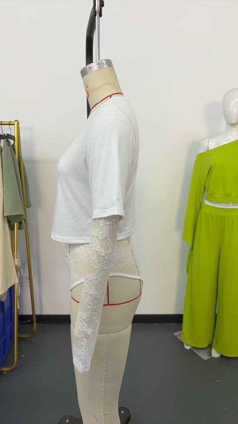 Solid Cropped Outfit Slim Lace  Sleeve