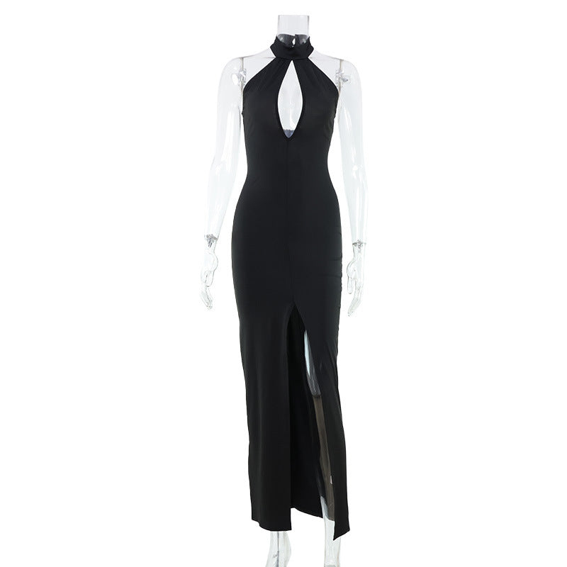 Las Caobas Sexy Hollow Cutout Sleeveless Halter Slim Fit Solid Color Light Formal Dress