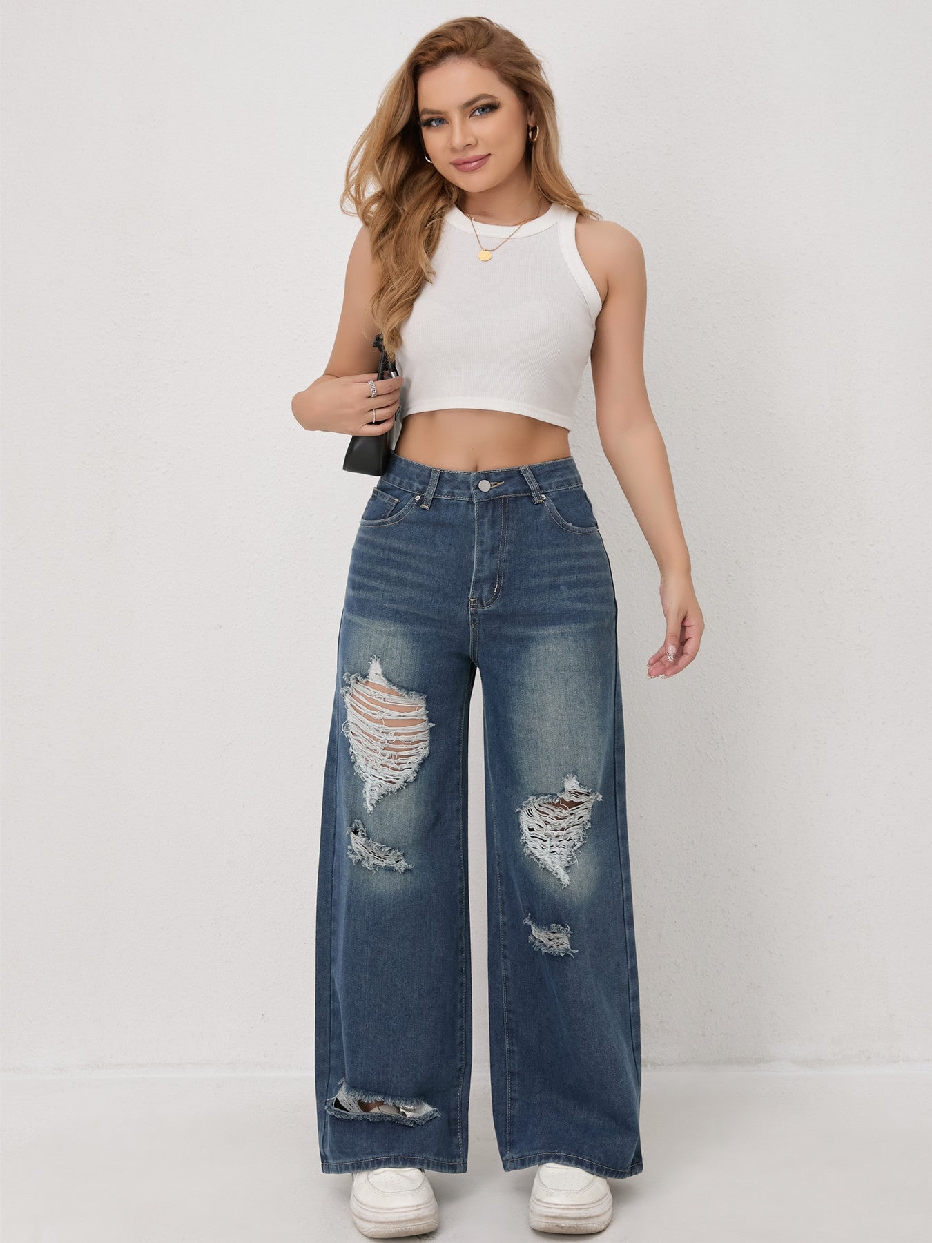 Distressed Worn Wide Leg Jeans Women Autumn High Waist Loose Wide Leg Jeans Women Slimming Pants Women Autumn