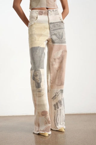 Retro Loose Print Wide Leg Straight Mop Denim Trousers