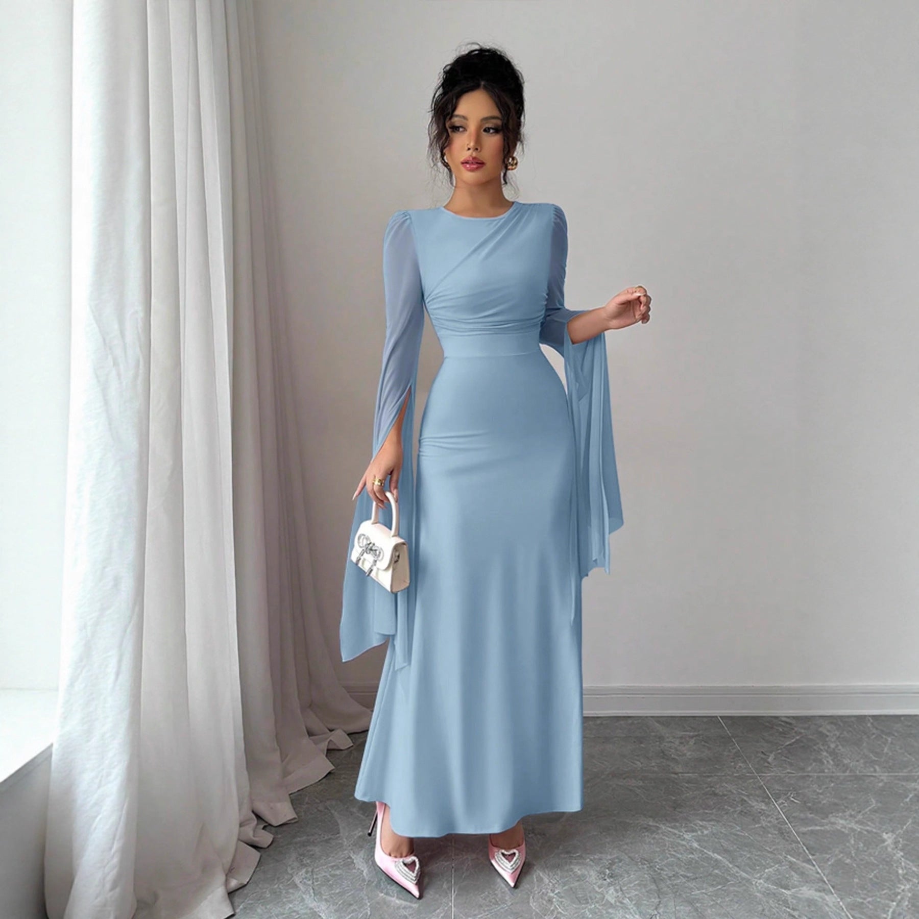 Stitching Mesh Large Swing Sleeves Sexy Slim Fit Fishtail Dress