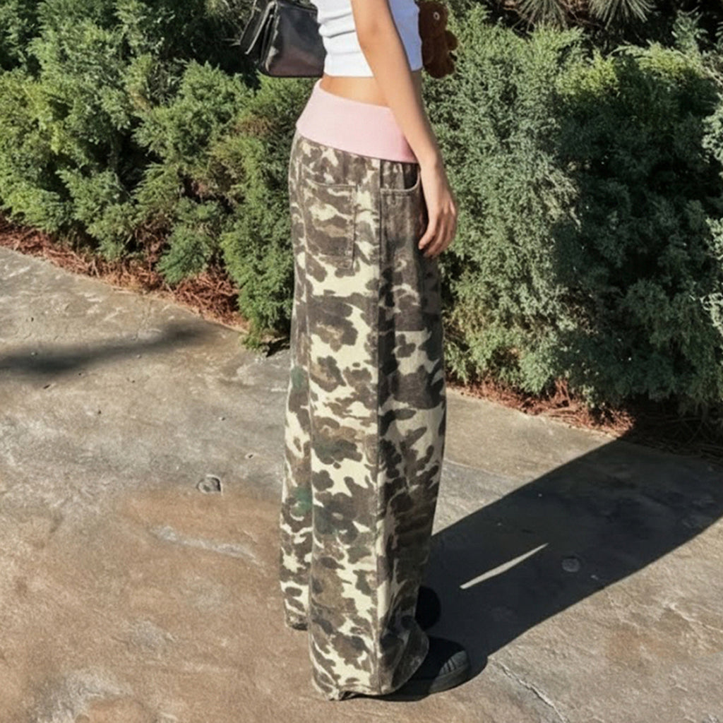 Retro Casual Camouflage Waist Contrast Color Trousers Women Street Sweet Spicy Loose Draggle Tail Straight Trousers
