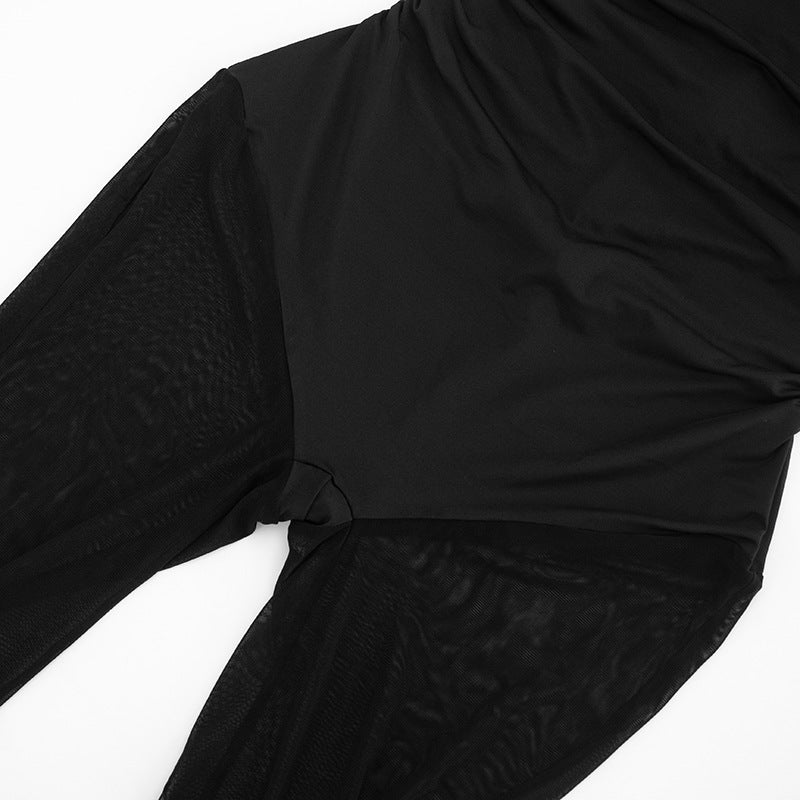 Women Clothing Spring Solid Color Sexy Pleated Sleeveless Stitching Mesh Slim Fit Long Conjoined Trousers