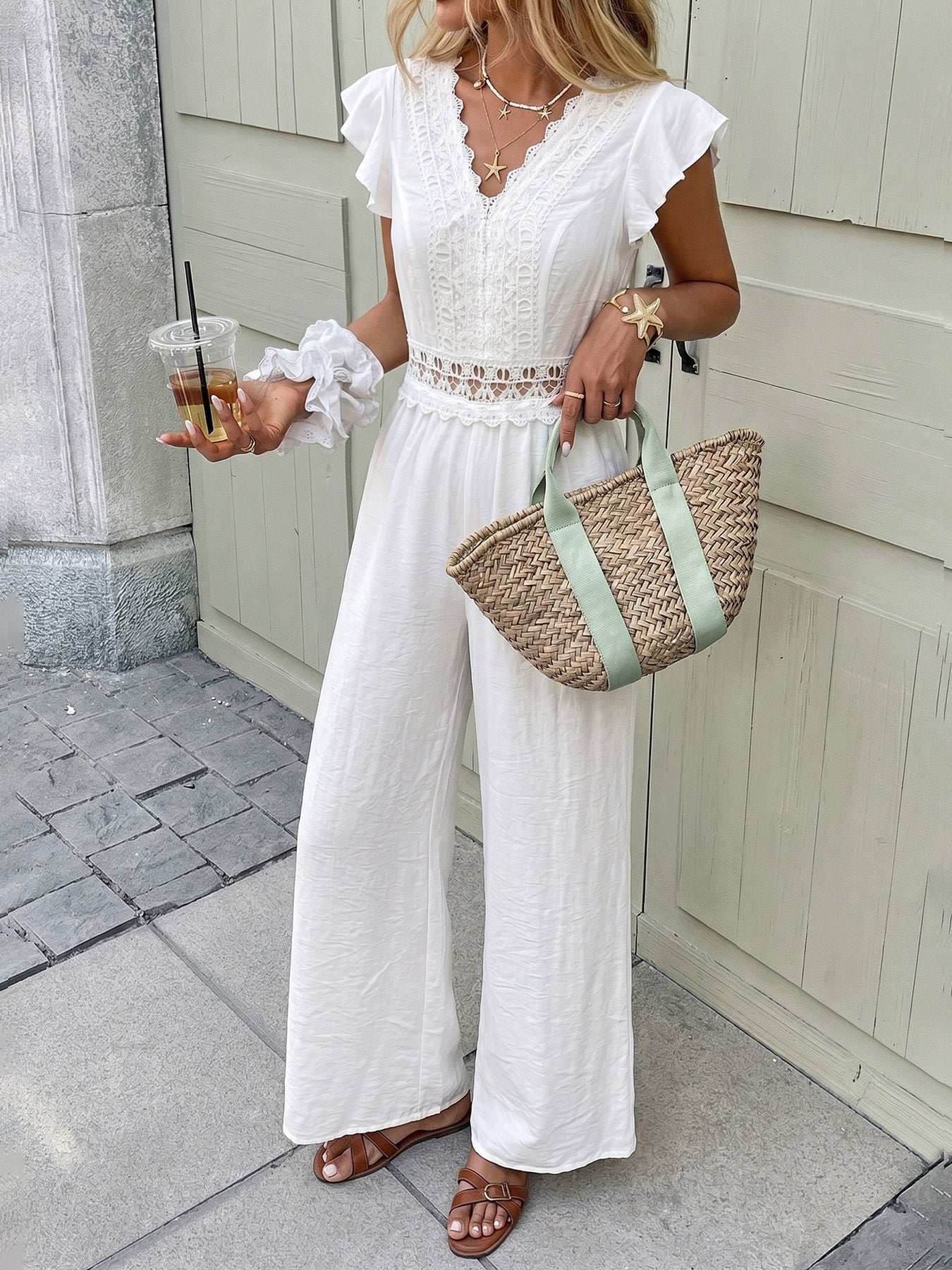 French Gentle Flounced Sleeve Solid Color Lace Hollow Out Cutout out V neck Jumpsuit