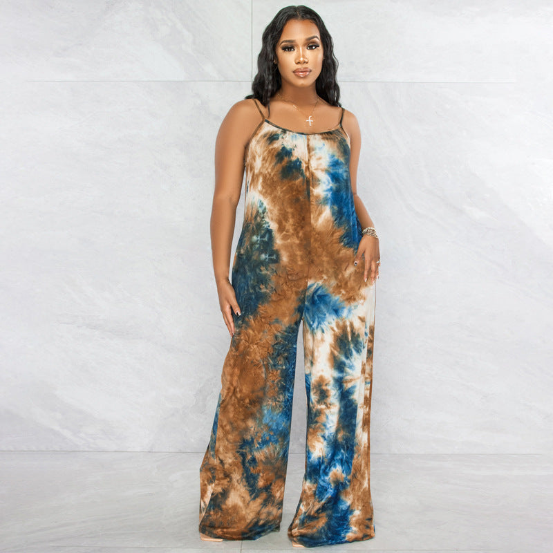 Plus Size New Tie-Dyed Printed Sling Casual Straight Stylish Loose Jumpsuit