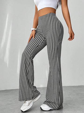 Retro Houndstooth High Waist Slim Mop Casual Bootcut Trousers