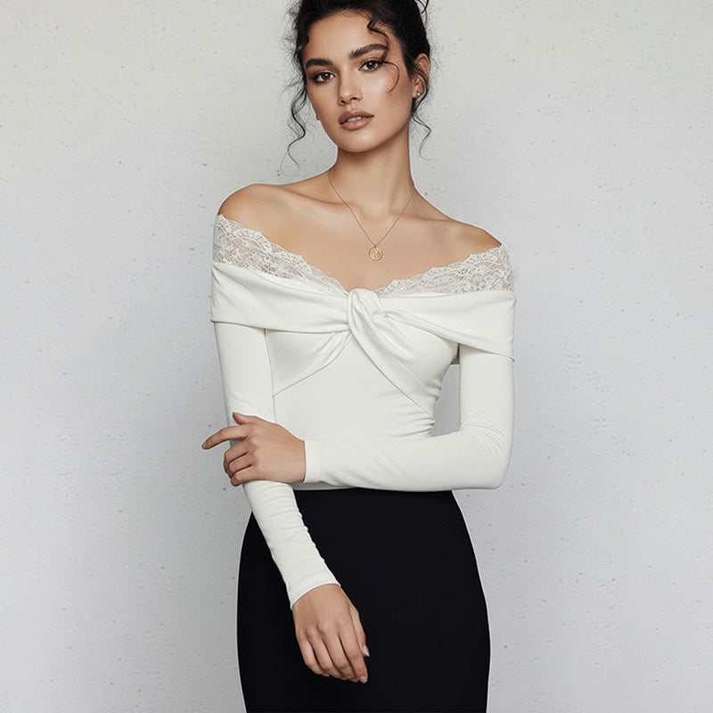 Elegant Lace Slim Patchwork Shoulder Long