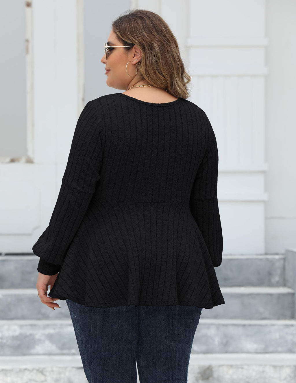 Women Tops plus Size Women Doll Shirt V neck Sunken Stripe Fleece Lantern Sleeve T shirt Gold Fastener Decoration Top