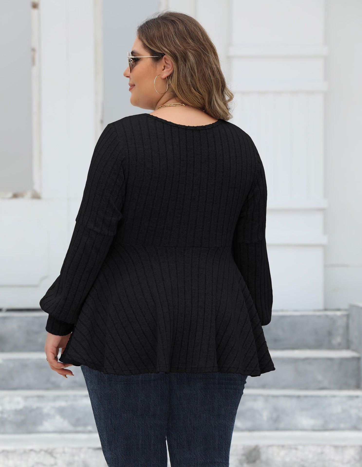Women Tops plus Size Women Doll Shirt V neck Sunken Stripe Fleece Lantern Sleeve T shirt Gold Fastener Decoration Top