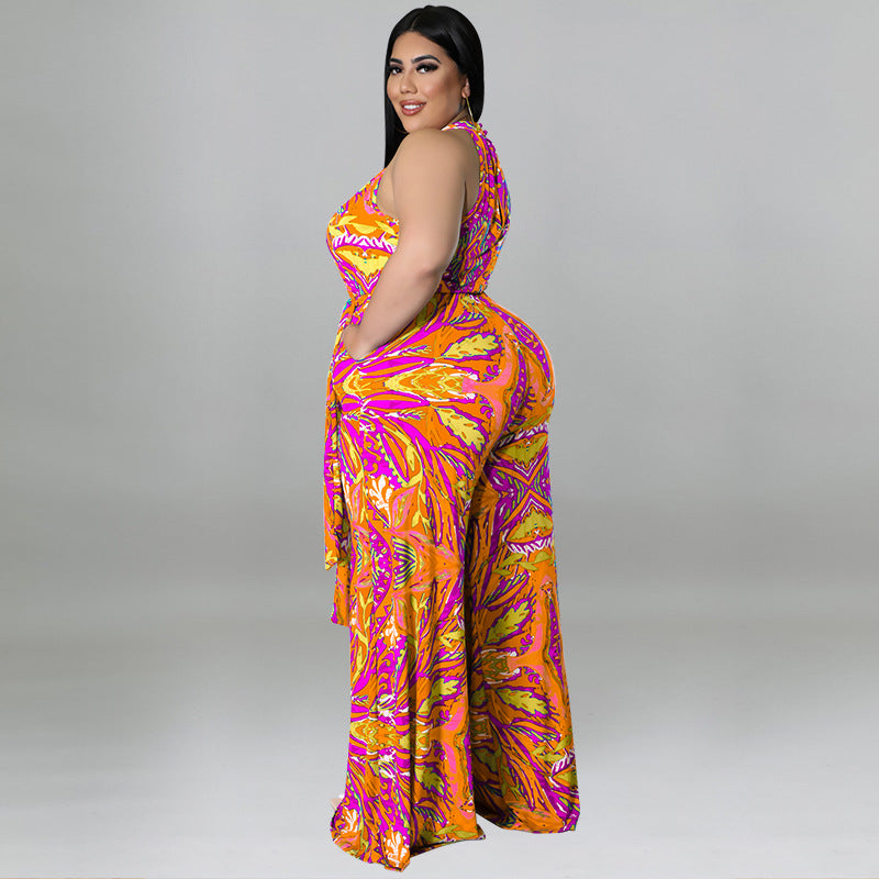 Plus Size Women Clothes Printing Collar Jumpsuit