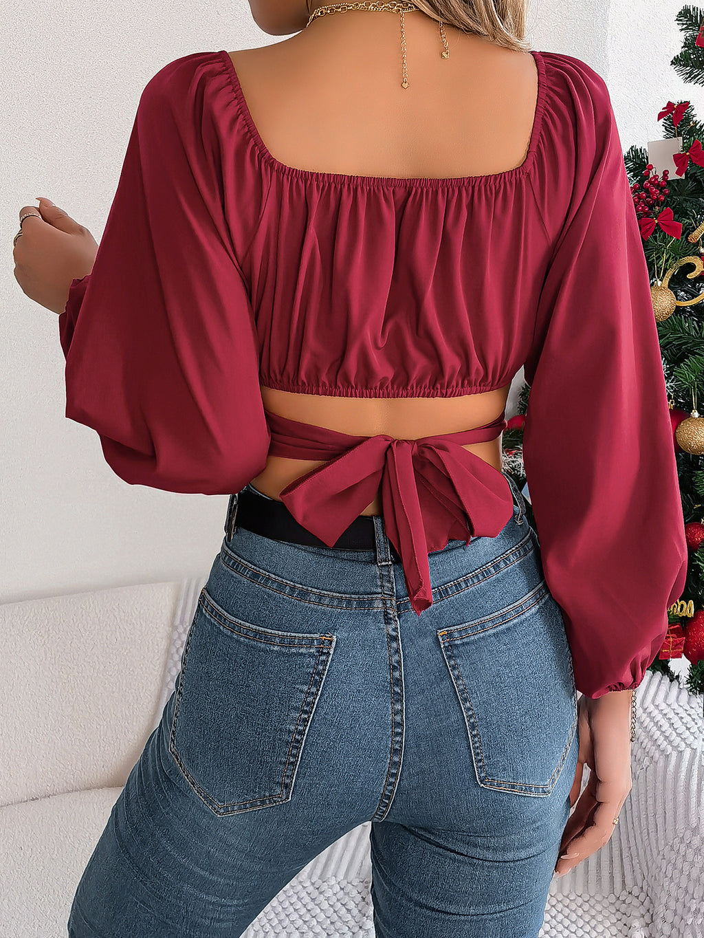 women Spring Casual Lantern Sleeve Waist Chiffon